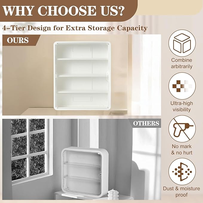 4-Tiers Clear Display Case for Figures, Wall-Mounted Display Box with Adjustable Shelves, Dustproof Display Cabinet Organizer for Mini Figures, Blind Box Toys and Collectibles (White)