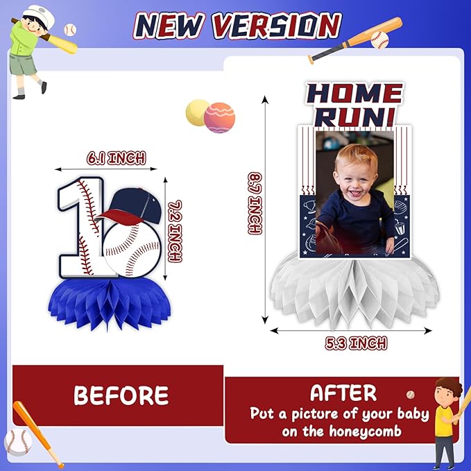 Baseball 1st Birthday Decorations, Rookie of The Year 1st Birthday Decorations Honeycomb Centerpiece for Table, Baseball 1st Birthday Decorations for Boys Photo Table Centerpiece Party Supplies