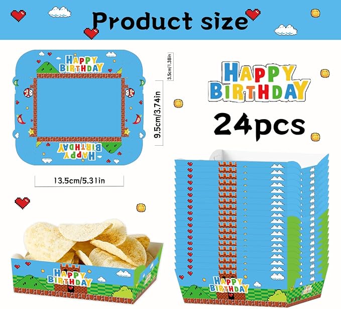 24pcs Super Brother Paper Food Trays Super Bros Birthday Party Supplies Disposable Paper Snack Bowl for Video Games Theme Birthday Decoration