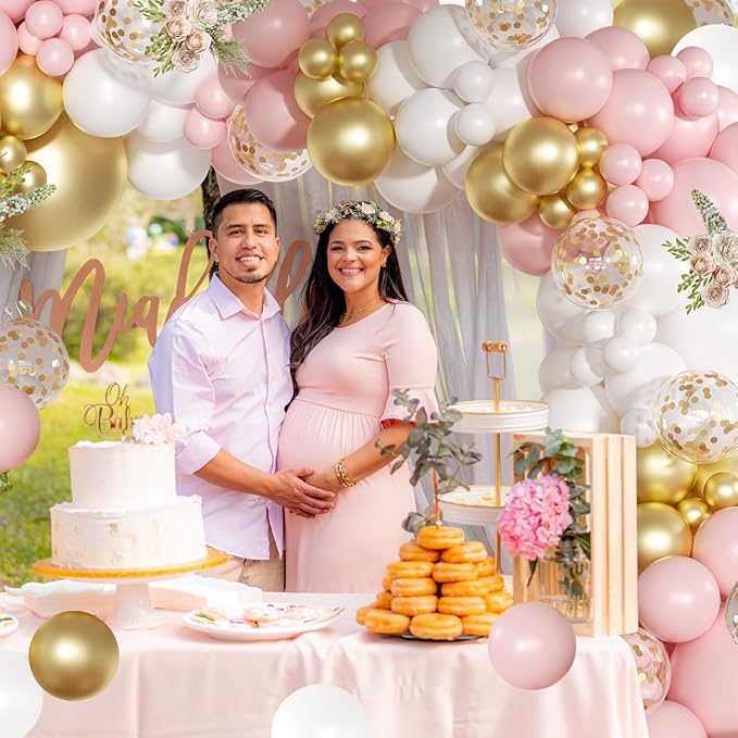 Pink and White Balloon Arch Kit, 138 Pcs Pink and Gold Balloon Garland Arch Kit Include Pastel Pink White Gold Confetti Balloons for Birthday Baby Shower Wedding Bridal Shower Party