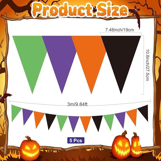 Jetec 5 Pieces 49 Feet Halloween Pennant Banner Party Decorations Black Purple Orange and Green Triangle Flags Bunting Banners for Halloween Carnival Birthday Party Decor Indoor Outdoor Supplies