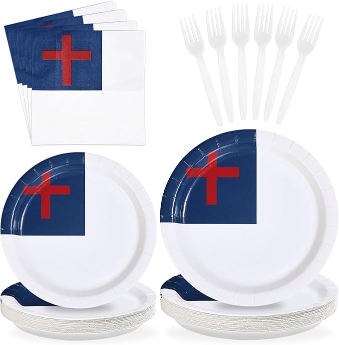 96Pcs Easter Decorations Christian Jesus Flag Plates and Napkins Christian Cross Decoration Favors for Religious Christians Holy Week Christian Sunday School Baptism Easter Party Supplies Serves 24