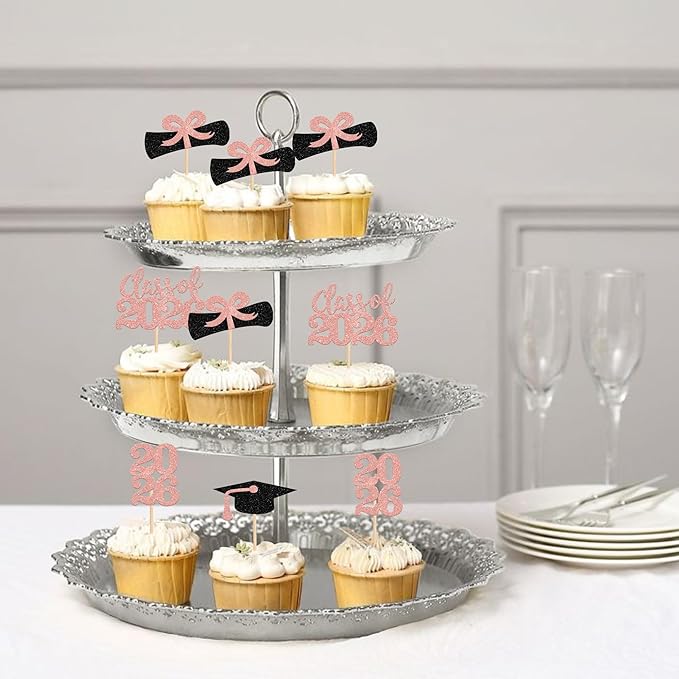 36 PCS 2026 Graduation Theme Cupcake Toppers Glitter Class of 2026 Grad Cap Diploma Cupcake Picks 2026 Graduation Theme Party Cake Decorations Supplies Rose Gold