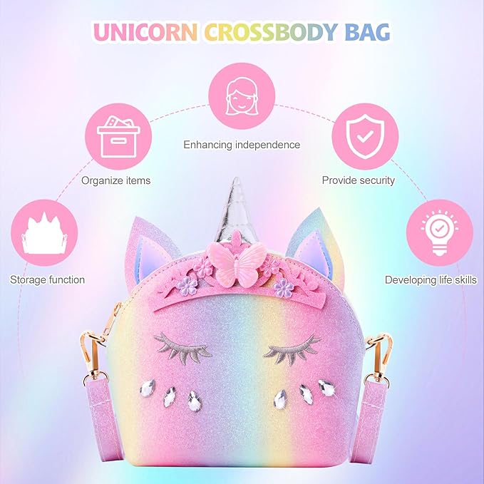 JYPS 7PCS Toddler Purse for Girl, Girls Wallet with Pretend Play Toys, Princess Toys with Kids Dress Up Jewelry Set (Rainbow Crown Unicorn)