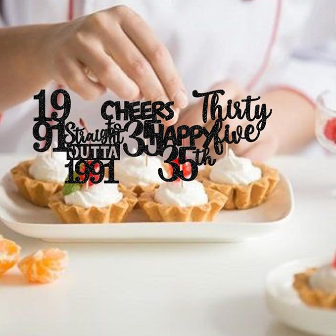 30PCS Black 35th Birthday Cupcake Toppers Glitter Thirty Five Happy 35 Straight Outta 1991 Cupcake Picks for Cheers to 35 Years 35th Birthday Anniversary Party Cake Decorations Supplies