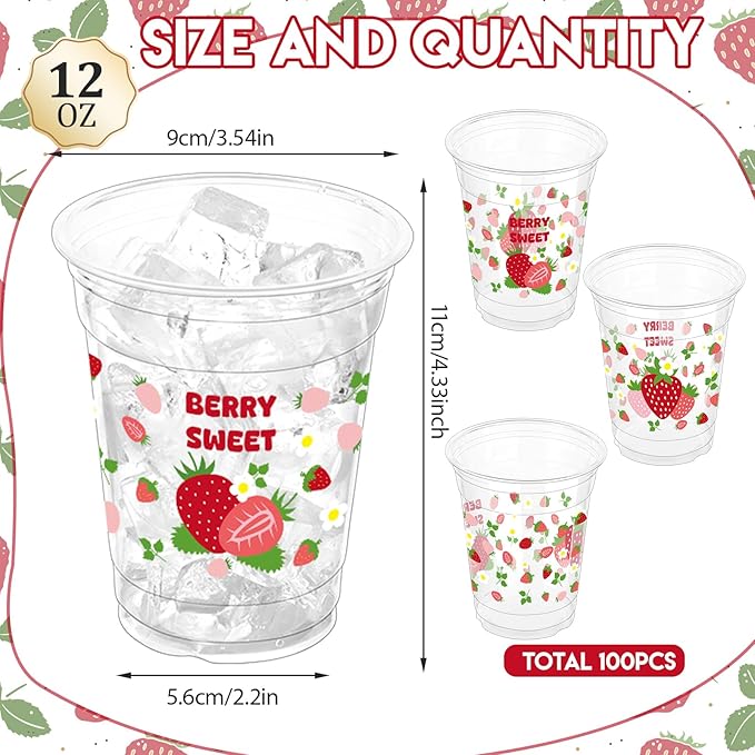 100 Pcs Strawberry Plastic Disposable Party Cups, 12 oz Pink and Red Strawberry Designs for Summer Spring Party, Birthday, Baby Shower Supplies