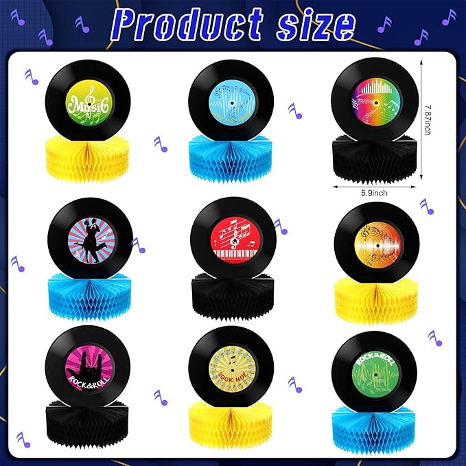 Jetec 9 Pieces Record Honeycomb Centerpieces 50s Sock Hop Party Decorations 70s Vinyl Rock and Roll Table Decor 3D Retro Music Table Centerpieces for 1950s Birthday Supplies Favors and Classroom Decor