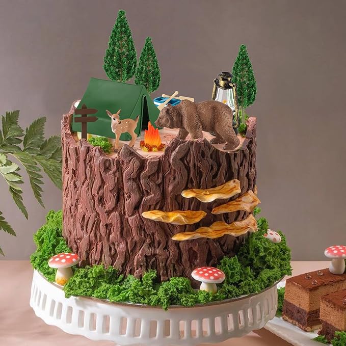 Hooqict 12 Pcs Camping Cake Decorations Set with Mini Tent, Campfire, Tree, Camp Sign, Safari Animals Camping Cake Toppers for Kids Adults Forest Themed Birthday Party Supplies