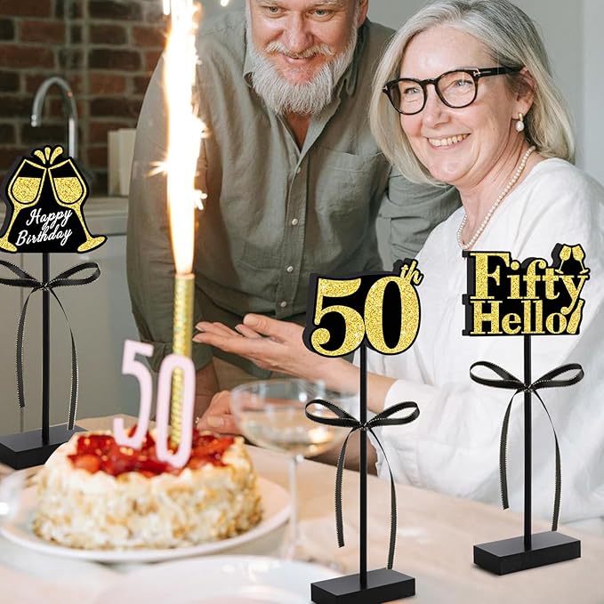 50th Black Gold Glitter Centerpieces for 50th Birthday Table Decorations,Wood Signs Happy Fifty Years Old B-Day Table Topper for Men and Women Birthday Party Supplies (3 Pcs)