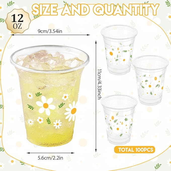 100 Pcs Daisy Plastic Disposable Party Cups, 12 oz, Retro Boho Hippie Groovy Daisy Flower Designs for Spring Birthday Party, Baby Shower, Anniversary, Daily Use