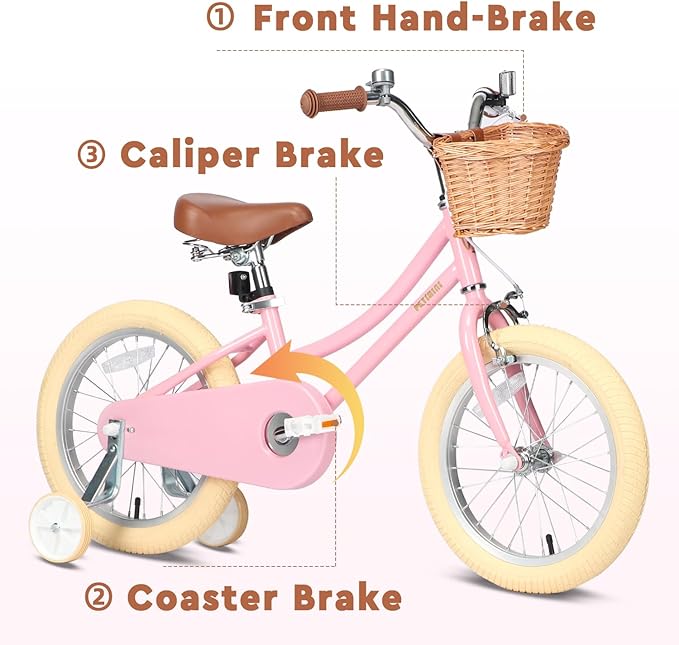 Petimini Vintage Kids Bike for Girls, 12–20 Inch Classic Bicycle with Wicker Basket & Bell, High Tensile Steel Frame, Training Wheels (12–18”), 85% Pre-Assembled, Retro Bike for Outdoor Riding