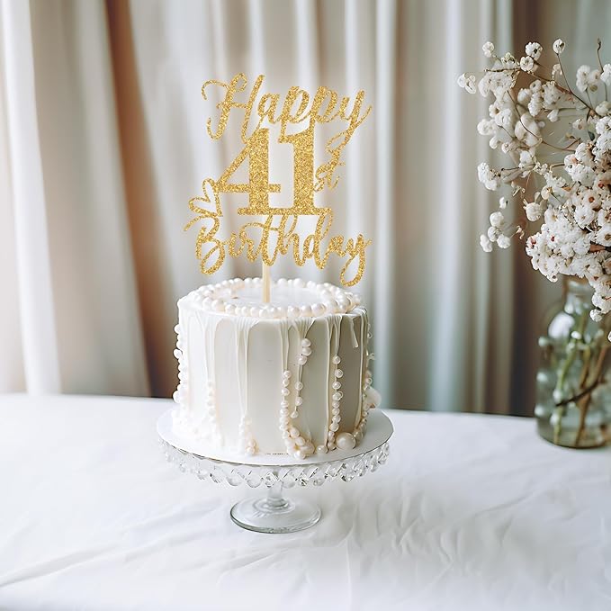 Happy 41st Birthday Cake Topper, 41st Birthday Decorations, Cheers to 41 Years, Hello 41, 41st Happy Birthday Party Supplies Gold Glitter