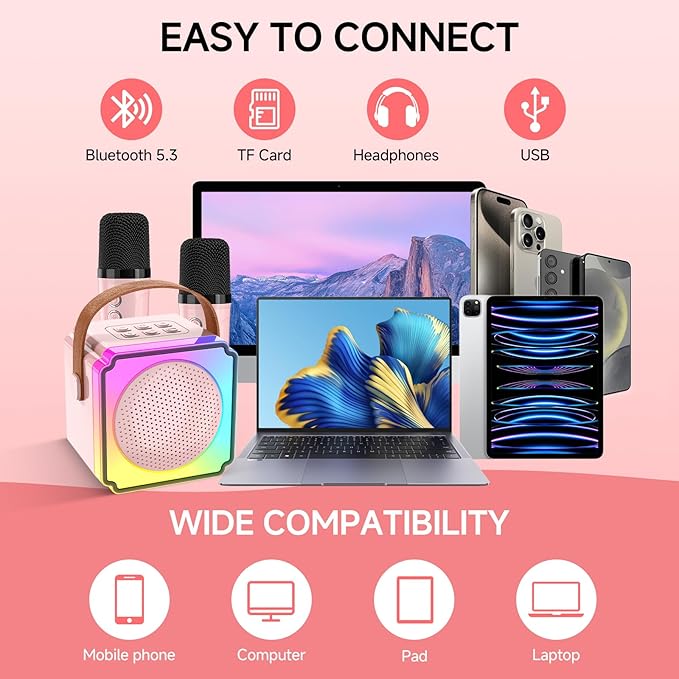 Mini Karaoke Machine with 2 Wireless Microphones for Kids and Adults,Portable Karaoke Machine with Voice Changer,Birthday Gifts for Girls and Boys