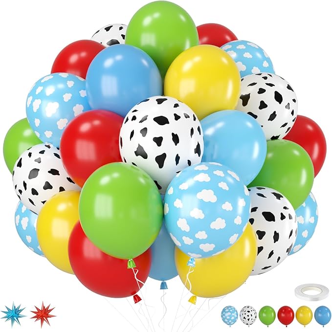 Red Blue Yellow Balloons, 12 Inch Cow Pattern Cloud Light Blue Yellow Red Fruit Green Balloons with Star Foil Balloon for Boys Girls Baby Shower Party Birthday Decorations