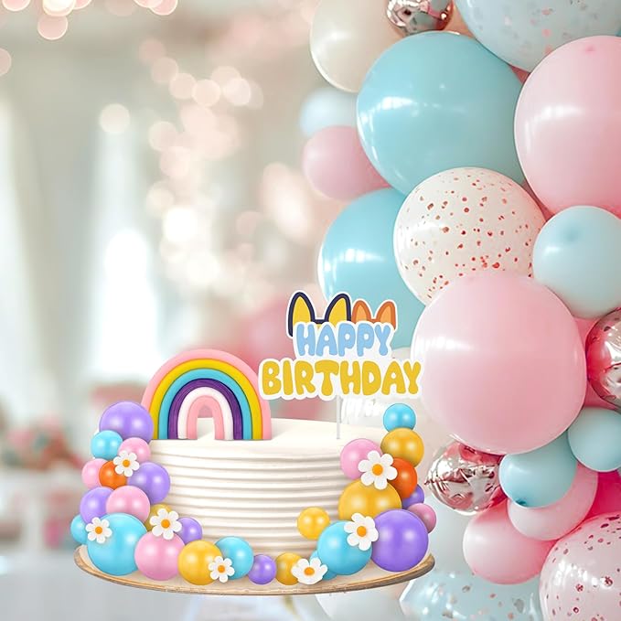 63 Pcs Cake Toppers with Balls Daisy Rainbow Cake Topper, Blue Cake Topper Pastel Cupcake Toppers Cake Decorations for Birthday Wedding Groovy Party Supplies