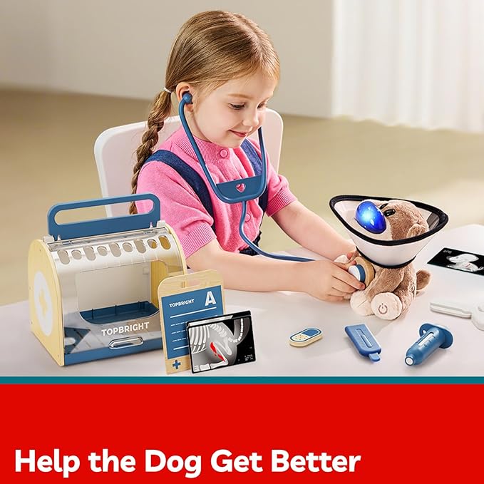 TOP BRIGHT Doctor Kit for Toddlers 3-5, Pretend Play Doctor Set with Real Stethoscope, Interactive Stuffed Dog Vet Kit for Kids, Realistic Pet Vet Playset, Christmas Birthday Gifts for Girls Boy 3 4 5