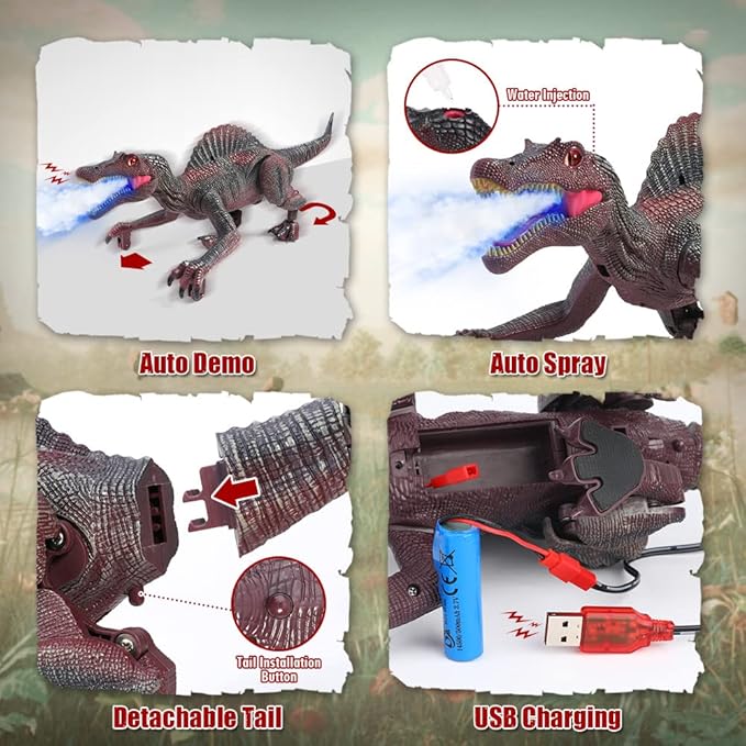 Mini Tudou Remote Control Dinosaur Toys for Kids,Light Tracing RC Jurassic Spinosaurus Toys w/Auto Spray and Realistic Light & Roaring,Walking Robot Dinosaur Toy for Boys Girls 3-5 5-7 8-12