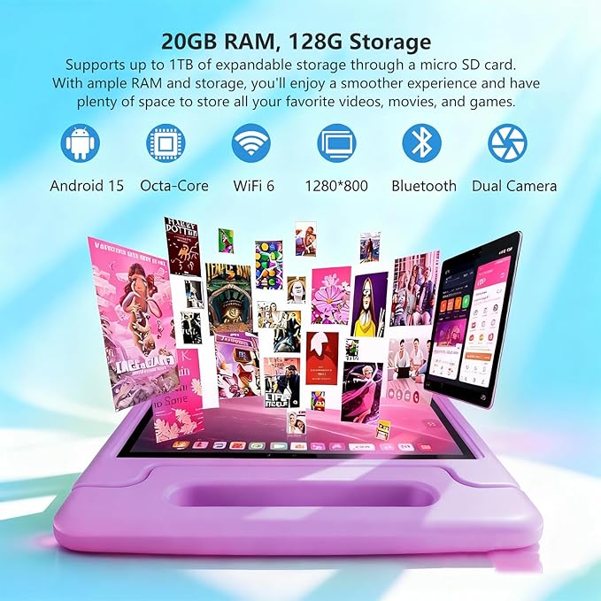 Kids Tablet 11 inch Android 15 20GB + 128GB Octa-Core 8000mAh Todder Tablet with Drop-Proof Case, Parental Control, WiFi 6 and Bluetooth, Purple