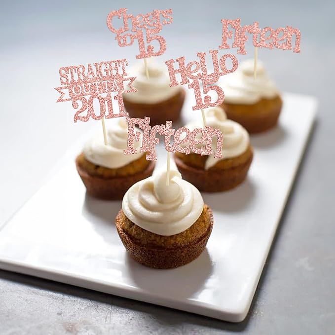 Ephlyn 24Pcs 15th Birthday Cupcake Toppers Glitter Straight Outta 2011 Cupcake Picks Hello 15 Cheers to 15 Years Cake Decorations for 15th Birthday Anniversary Party Decorations Supplies Rose Gold