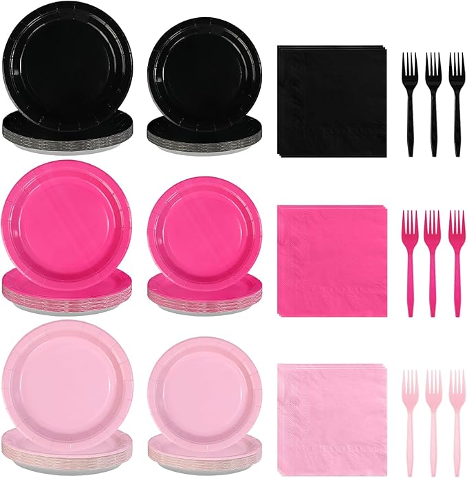 96Pcs Hot Pink and Black Birthday Decorations Pink and Black Party Plates and Napkins Disposable Pink Paper Plates for Baby Shower Girls Women Birthday Bridal Shower Spring Summer Party Supplies