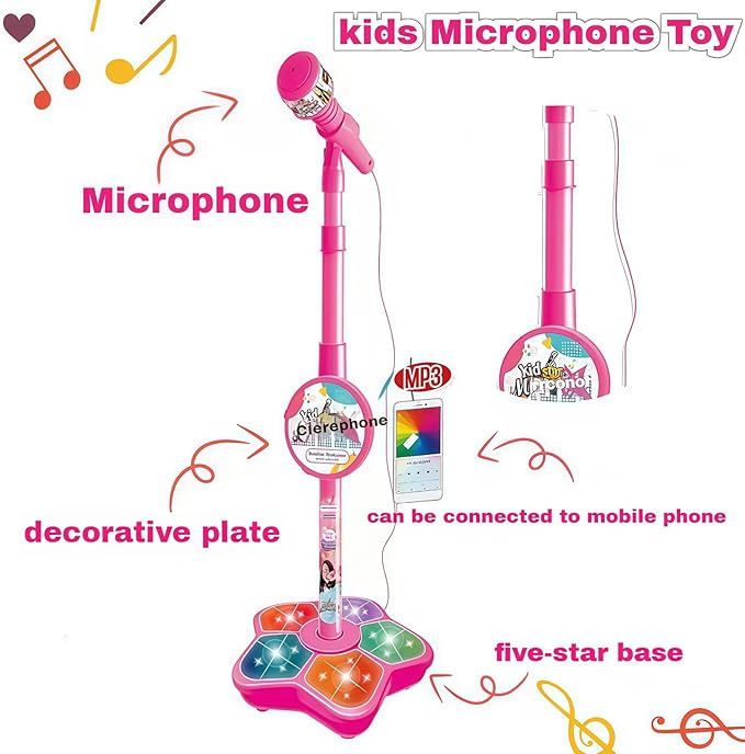 Microphone with Stand, Built-in Music, Colorful Lights, Echo Effects, Portable Karaoke Machine for Singing, Music Play, Fun and Easy-to-Use, Gifts for Musical Lover (1-Pink)