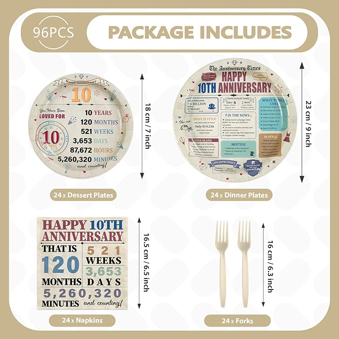 96Pcs 10th Anniversary Party Decorations Retro 10 Years Wedding Aday Plates and Napkins Happy 10th Anniversary Disposable Tableware Set for Vintage 10 Year Wedding Party Supplies Serves 24