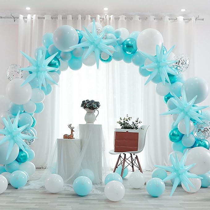 TONIFUL 4 Pcs 22inch 4D Light Blue Explosion Star Mylar Balloons for Party Backdrop Christmas,New Year Birthday, Wedding Baby Shower Anniversary Photo Booth Supplies