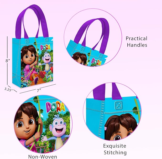 Nickelodeon Dora the Explorer Party Favor Bags Set – 12 Pack 8" Goodie Bags for Kids Bulk Reusable Mini Totes | Dora the Explorer Birthday Party Supplies