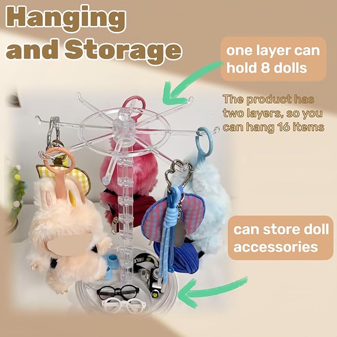 Transparent 360° Rotating Display Stand for Plush Dolls Keychains& Collectibles - All-Round Display, Manually rotates(No Doll)