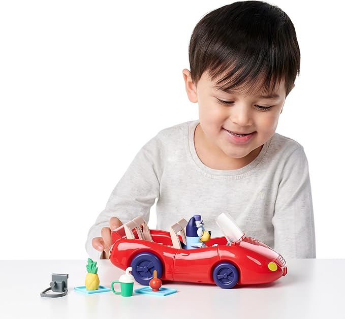 Bluey Figurine (2.5”) & Escape Convertible Vehicle Playset, Robust Toddler Toy Car with 4 Accessories and Stickers, Immersive Toys for Kids Ages 3+
