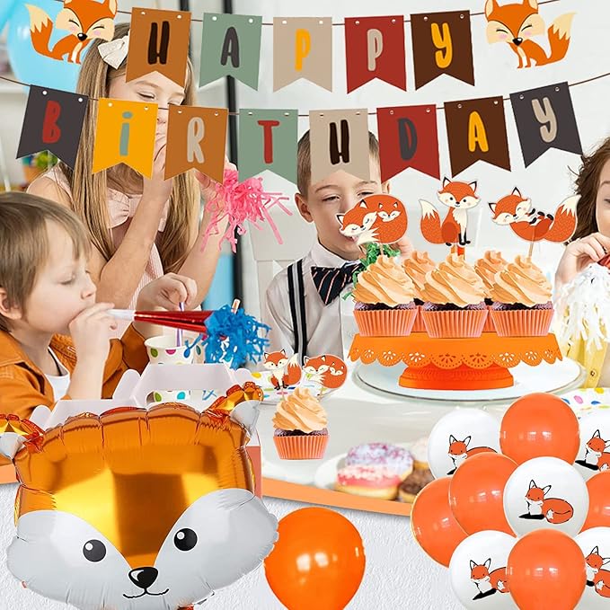 Fox Theme Birthday Party Supplies Decorations, 48PCS Fox Party Supplies Kit includes Fox Happy Birthday Banner, Fox Balloons and Various Party Tableware Supplies with Cartoon Fox