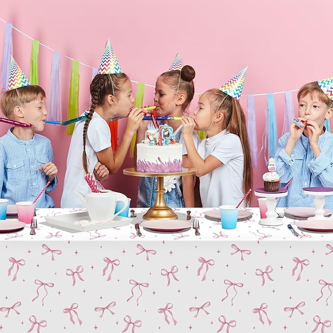 6Pcs Coquette Party Tablecloths Decorations,Pink Bow Plastic Table Cover Disposable Rectangle Table Cloth for Girls Birthday Bridal Wedding Party Supplies,54x108 Inch