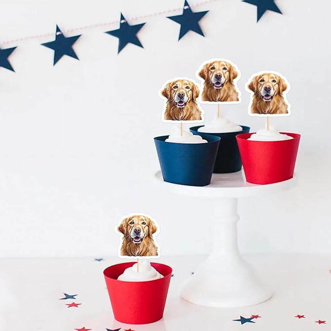 Ercadio 24 Pcs Pet Dog Puppy Cupcake Toppers Dog Themed Birthday Party Supplies Cute Golden Retriever Puppy Birthday Party Baby Shower Party Cake Decorations