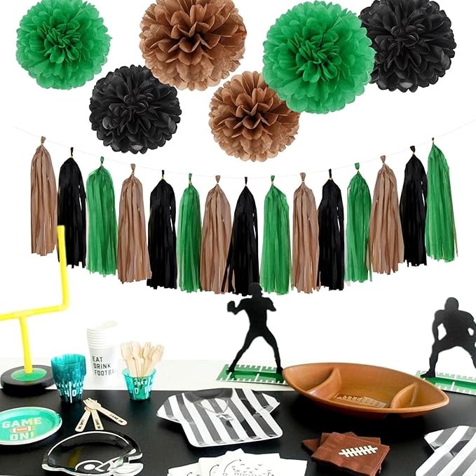 Green Black Brown Party Decorations - 23pcs Tissue Pom Poms Streamers,Football Woodland Baby Bridal Shower Tassel Garland Banner,Superbowl Birthday Hunting Camp Forest Jungle Decor Backdrop Ouruola