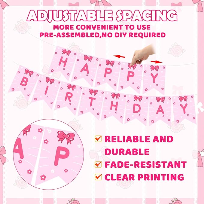 TaoBary Pink Cute Kitty Happy Birthday Banner Pre-strung Hanging Sign Cartoon Cat Birthday Decorations Kitty Themed Pink Party Supplies Cartoon Kitten Banners for Girls Women Birth Favors