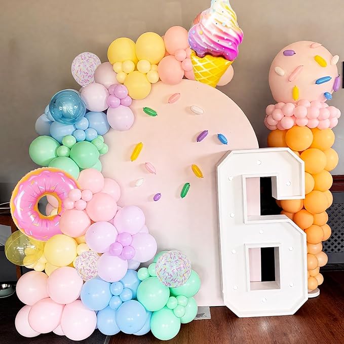 Pastel Balloons, 12 Inch Macaron Pink Purple Yellow Green Blue Confetti Balloons with Donut and Ice Cream Foil Balloon for Gilrs Easter Sweet Birthday Party Rainbow Baby Shower Decorations