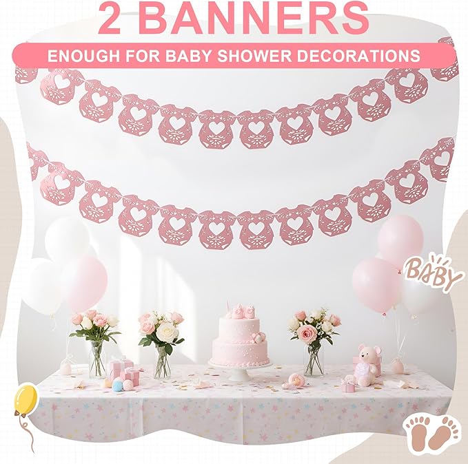 2 Pack Cielito Lindo Papel Picado Baby Shower Banner Decoration, Mexican 24 Pcs Bodysuit Card with Hanging String Fiesta Garland for Gender Baby Shower Party Supplies(Sweet Color)