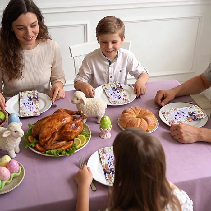 100Pcs Christian He Is Risen Easter Napkins - Easter Lamb Flowers Cross Party Napkins Spring Floral Theme Party Supplies Disposable Luncheon Dinner Napkins 7.8" x4.3" for Tea Party Kitchen Bathroom