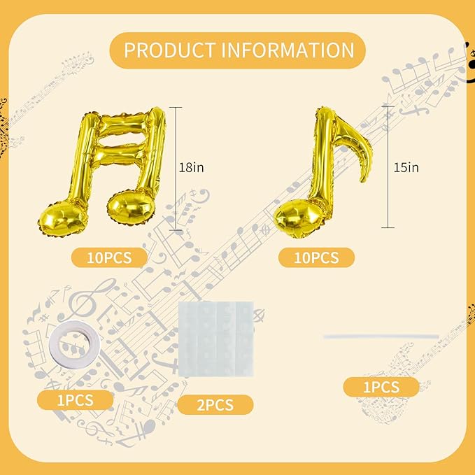 TONIFUL 20Pcs Music Note Balloons,Gold Music Balloons Music Notes Party Decorations Music Themed Party Supplies Music Note Aluminum Foil Balloons For Birthday Baby Shower Celebrations Outdoor Party
