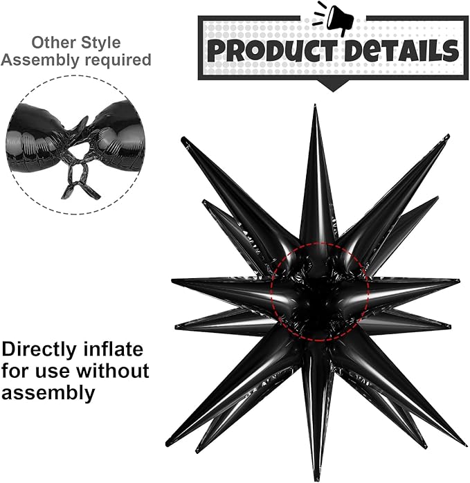 10 Pcs Black Star Balloons Explosion Balloons Foil Cone Balloon Magic for Birthday Wedding Anniversary Party Backdrops Decorations Supplies, 6 Pcs 22 Inches and 4 Pcs 27 Inches