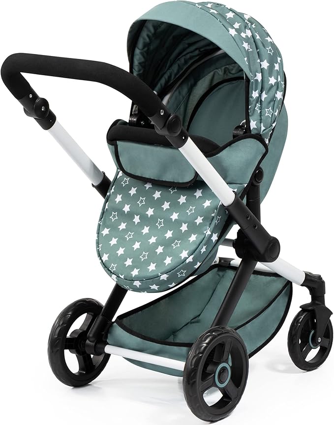 Bayer: Pram Xeo: Stars Green & White - Matching Handbag, Adjustable Handle, Dolls Up to 20", Ages 3+ | Baby Dolls | Dress Up
