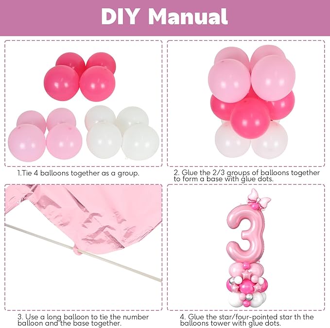 40 Inch Pink Number 3 Balloon for 3rd Birthday Decoration Pastel Baby Pink Number Three Foil Balloon Tower Giant Large Digit Hot Pink White Helium Balloons Stack for Girl Third Anniversary Party