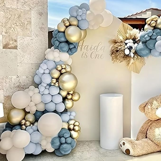 Dusty Baby Blue Gold Balloons, 12 Inch Maca Blue White and Metallic Gold Balloons for Boy Baby Bridal Shower Birthday Gender Reveal Wedding Party Decorations