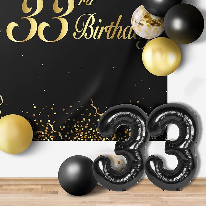 Happy 33nd Birthday Balloons Black Set Decor - Cheers to 33 Years Old Party Theme Garland Banner Backdrop Decorations For Women and Men Supplies