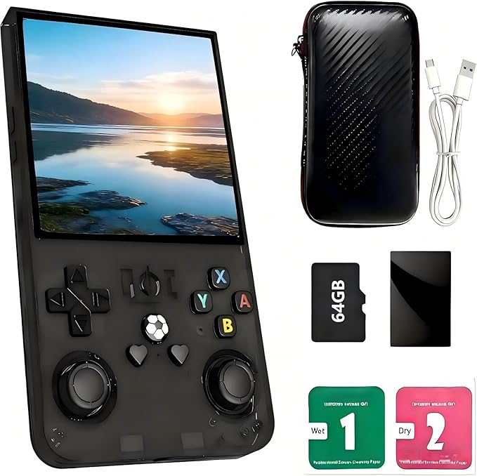 R36max Handheld Retro Game Console 4.0 Inch HD Screen ,Portable，18000+ Game Support, 26+ Emulator Support, 64GB, 4000mAh Li-ion Battery Transparent Black