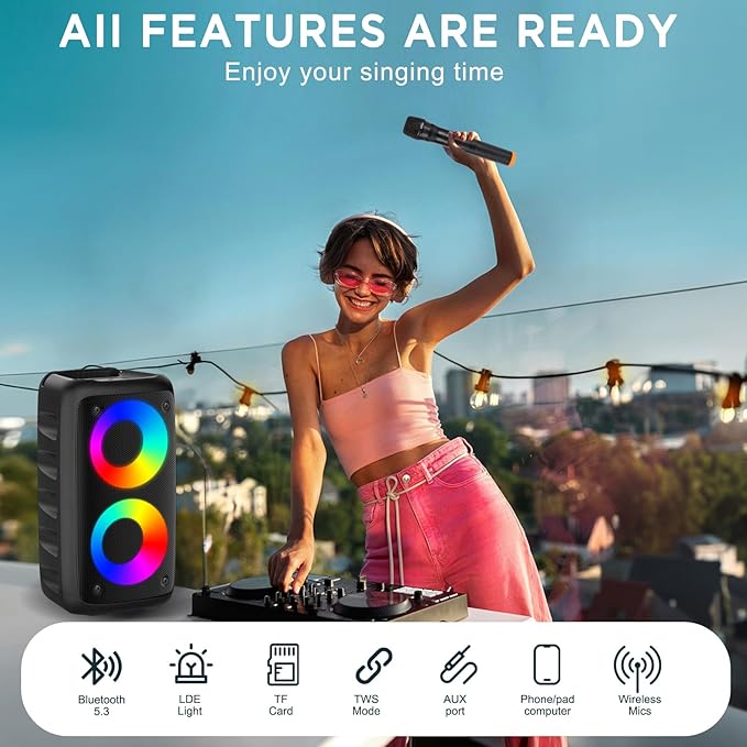 Karaoke Machine,Outdoor Bluetooth Speaker, PA Speaker with 1 Wireless Karaoke Microphones Wireless for Adults Kids with Upgraded Subwoofer, Support TWS/TF/USB/AUX for Home Party Outdoor