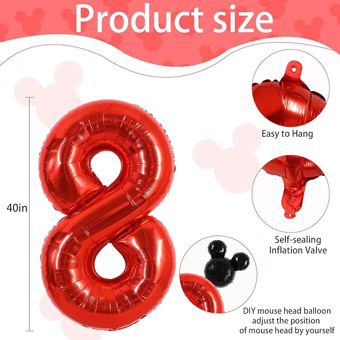 Vuzvuv 40 Inch Mouse Number Balloon No.8, Black Mouse Head Balloon and Red Giant Giant Number Eight Balloon for Birthday, Mouse Theme Party Supplies, Baby Shower,Anniversary Decoration