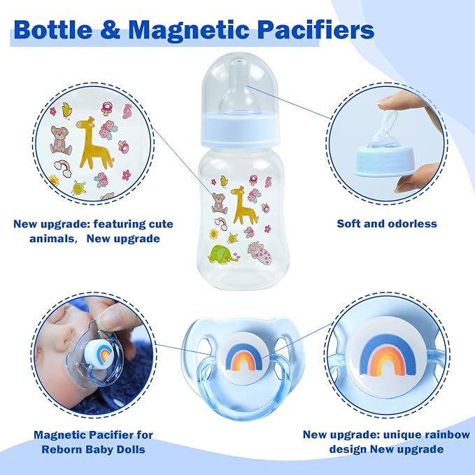 SCOM Reborn Baby Doll Accessories Set - Rainbow Transparent Magnetic Pacifiers & Removable Reusable Baby Doll Bottles with Silicone Pacifier Clips for Reborn Dolls Girls, Blue Style, 3 Pcs