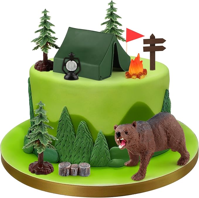 Camping Cake Decorations 10PCS Camping Cake Topper Set Tent Bonfire Three Tree for Kids Adults Adventure Theme Party Supplies Campings Birthday Party Decoration