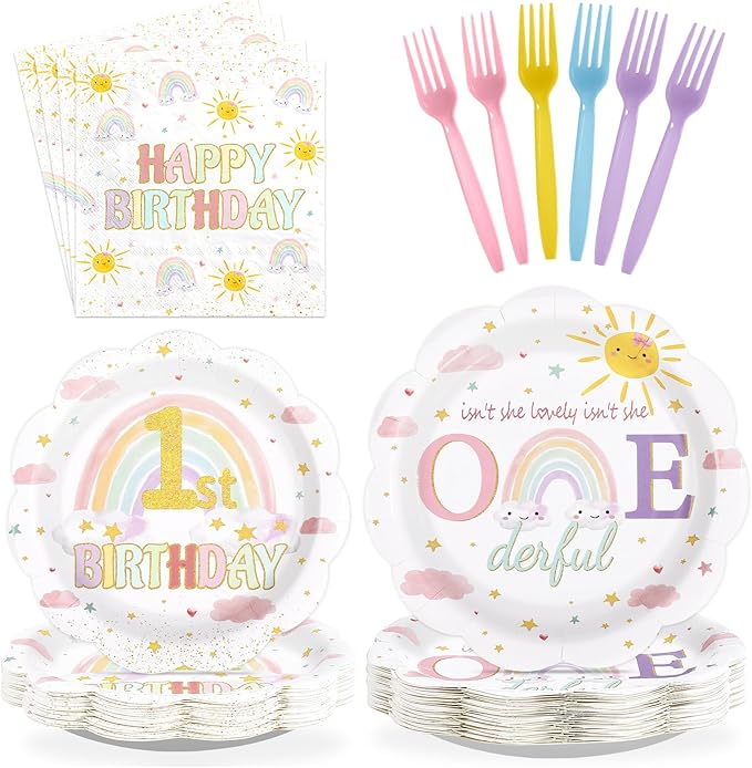 96Pcs Isn't She Onederful Birthday Party Decorations Isn't She Lovely First Birthday Paper Plates and Napkins Set Rainbow 1st Birthday Decoration for Girls One Year Old Bday Party Supplies Serves 24